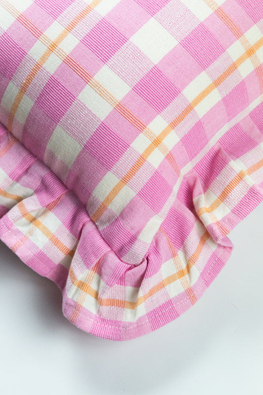Abigail Ruffle Plaid Pillow in Bubblegum and Peach