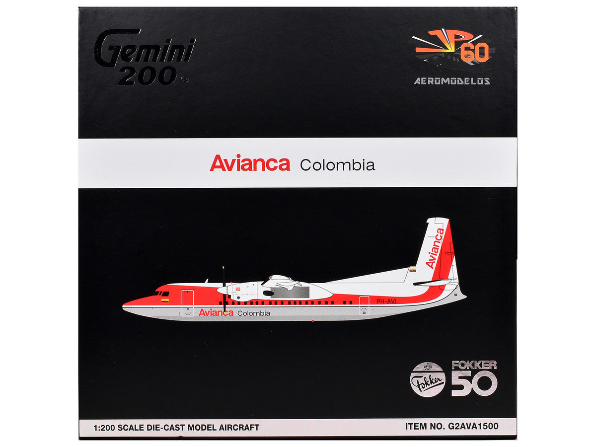 Fokker F50 Commercial Aircraft "Avianca Colombia" (PH-AVJ) White with Red Stripes "Gemini 200" Series 1/200 Diecast Model Airplane by GeminiJets