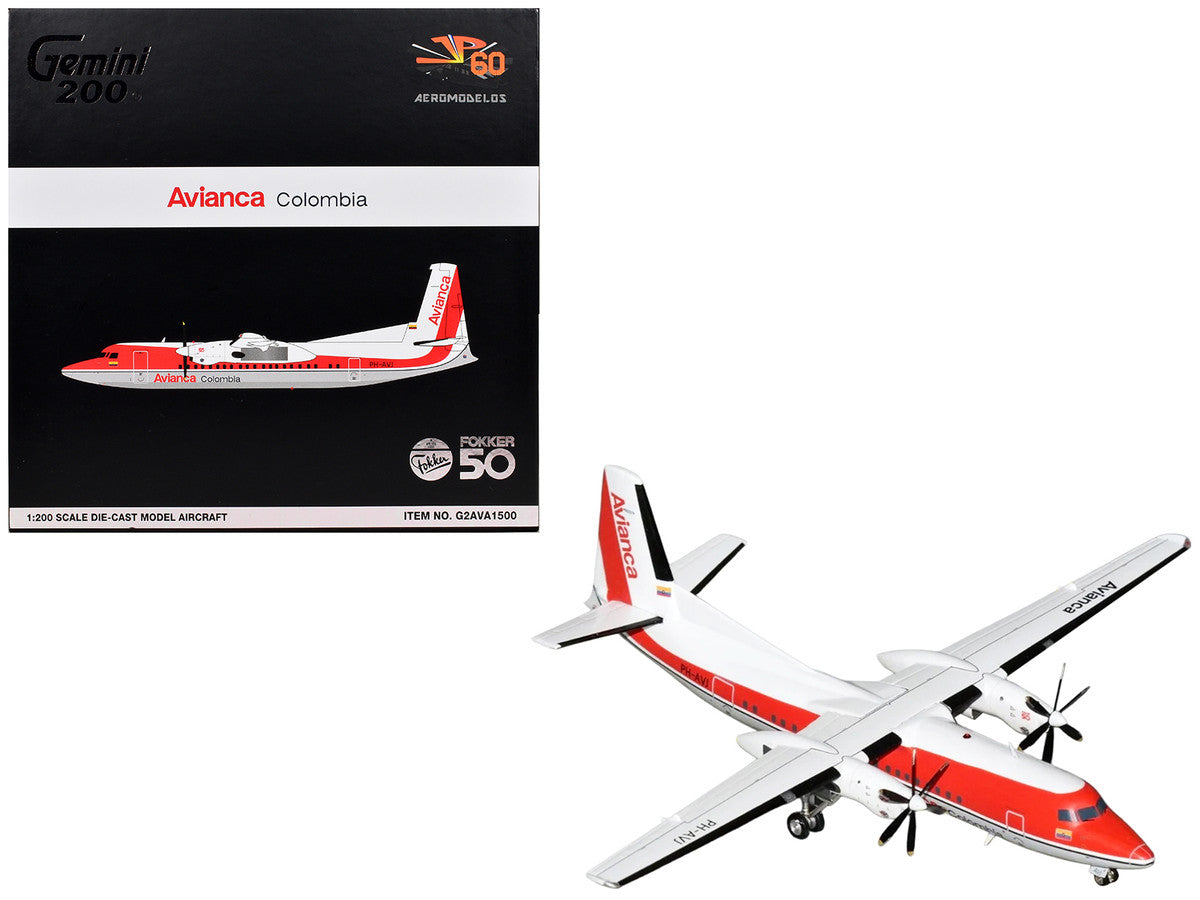 Fokker F50 Commercial Aircraft "Avianca Colombia" (PH-AVJ) White with Red Stripes "Gemini 200" Series 1/200 Diecast Model Airplane by GeminiJets
