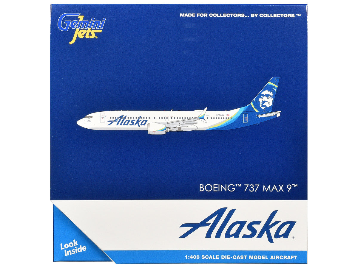 Boeing 737 MAX 9 Commercial Aircraft "Alaska Airlines" (N708AL) White with Blue Tail Graphics 1/400 Diecast Model by GeminiJets