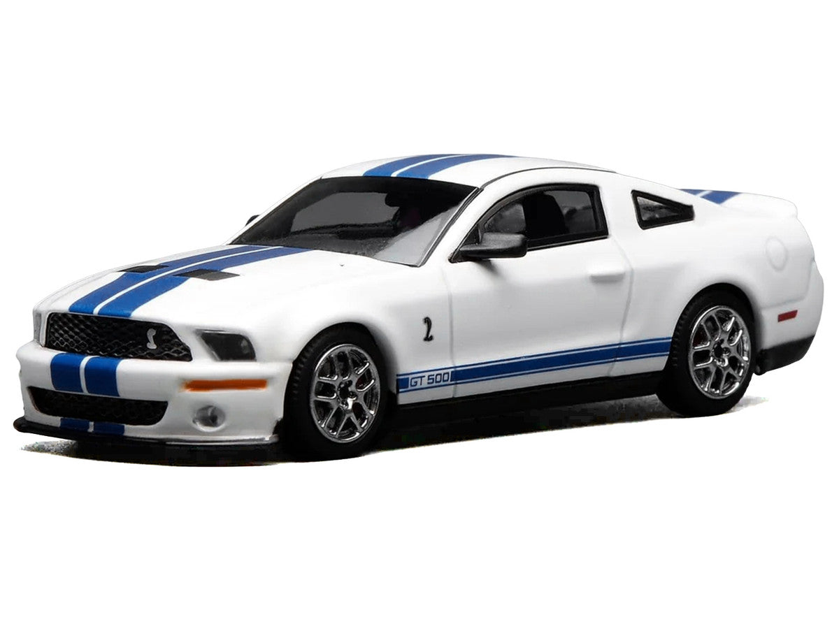 2007 Ford Mustang Shelby GT500 Performance White with Blue Stripes 1/64 Diecast Model Car by MotorHelix & Greenlight