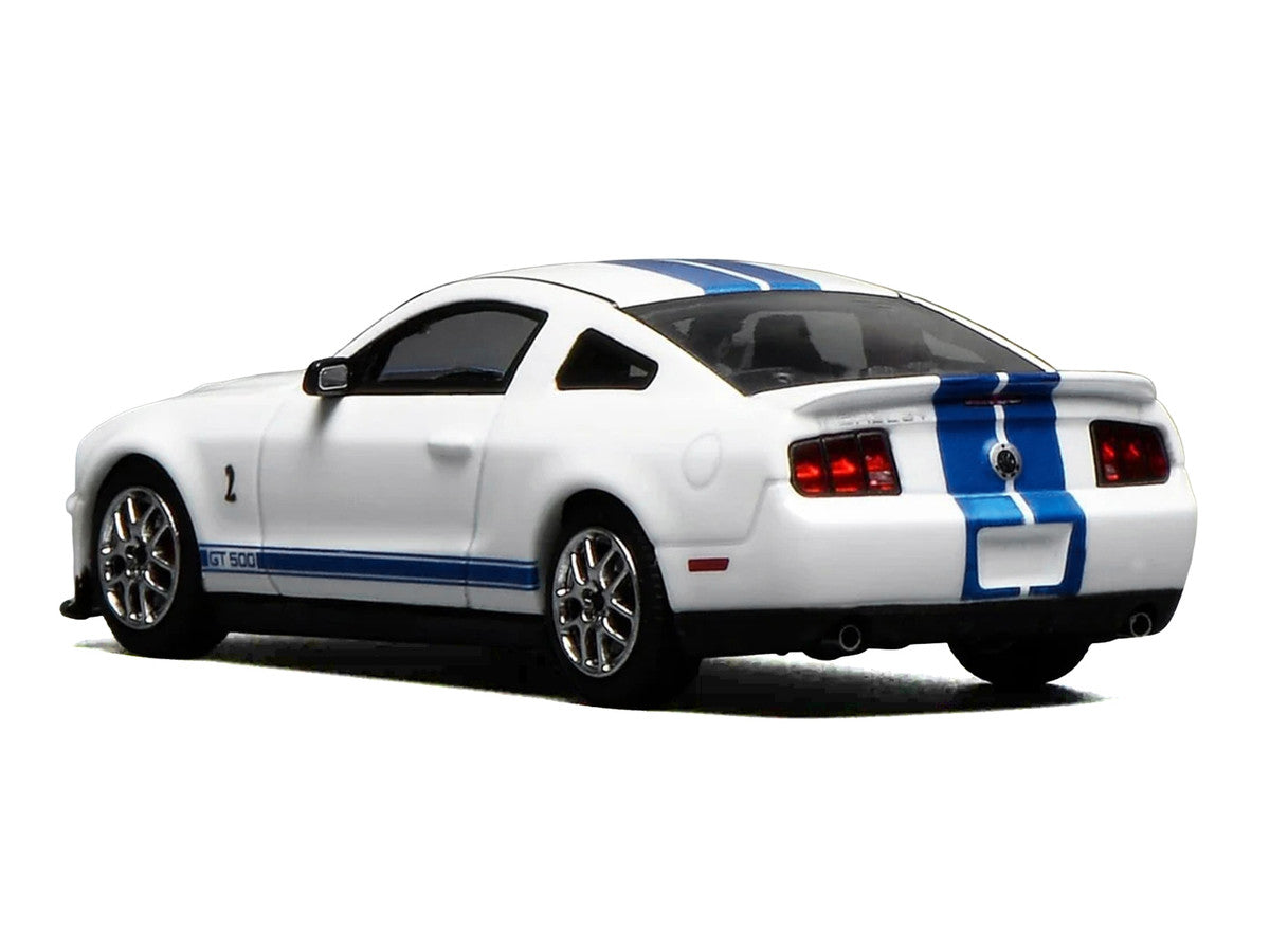 2007 Ford Mustang Shelby GT500 Performance White with Blue Stripes 1/64 Diecast Model Car by MotorHelix & Greenlight