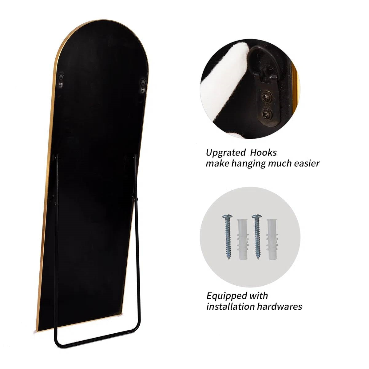 Gold 58-inch Full Length Arched Floor Mirror with Stand and Wall Hanging Screws