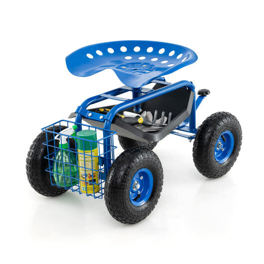 Heavy Duty Garden Cart with Tool Tray and 360 Swivel Seat-Green