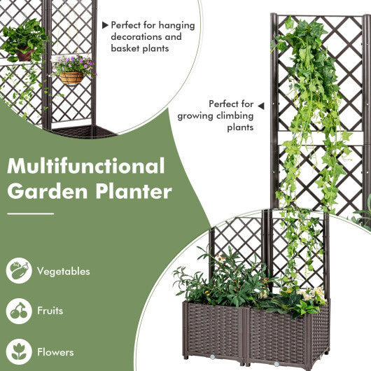PE Rattan Raised Garden Bed with Trellis Planter Box for Climbing Plants-Brown - Color: Brown