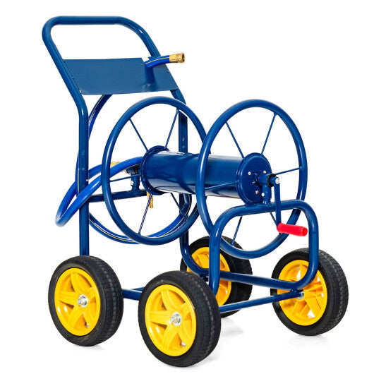 Garden Hose Reel Cart 4 Wheels Heavy-Duty Metal Water Hose Organizer Portable-Blue