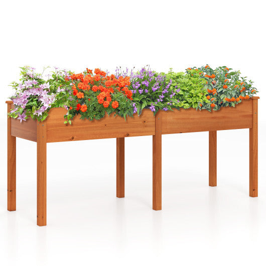 Fir Wood Outdoor Raised Garden Bed with Divider Panel and Drainage Holes-Natural