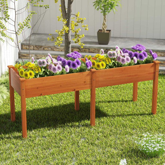 Fir Wood Outdoor Raised Garden Bed with Divider Panel and Drainage Holes-Natural