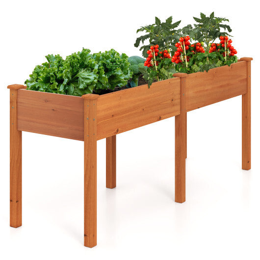 Fir Wood Outdoor Raised Garden Bed with Divider Panel and Drainage Holes-Natural
