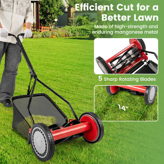 14 Inch Push Lawn Mower with 5 Steel Blades and Grass Catcher Bag-Green