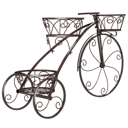 Tricycle Plant Stand Flower Pot Cart Holder with 3 Hollowed Baskets-Bronze