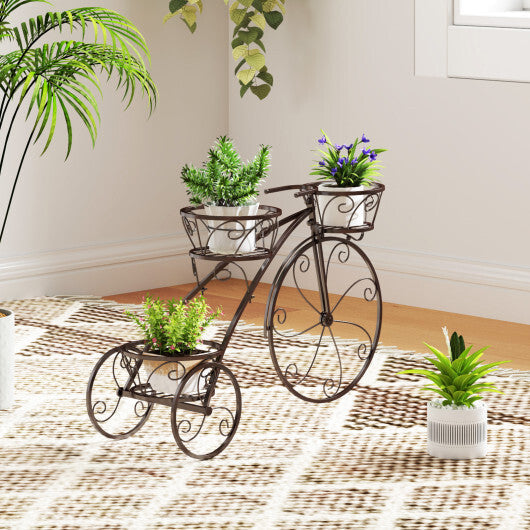 Tricycle Plant Stand Flower Pot Cart Holder with 3 Hollowed Baskets-Bronze
