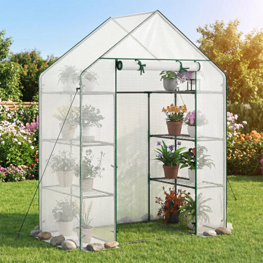 Portable Walk-in Greenhouse with 3 Tiers and 6 Shelves-White