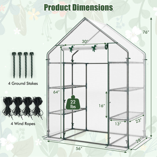 Portable Walk-in Greenhouse with 3 Tiers and 6 Shelves-White