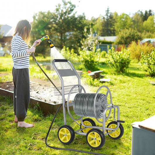 Garden Hose Reel Cart Metal Hose Cart with 4 Wheels and Storage Basket-Green
