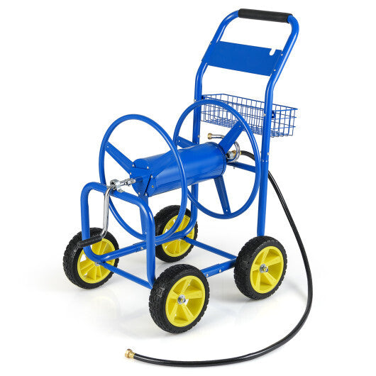 Garden Hose Reel Cart Metal Hose Cart with 4 Wheels and Storage Basket-Green