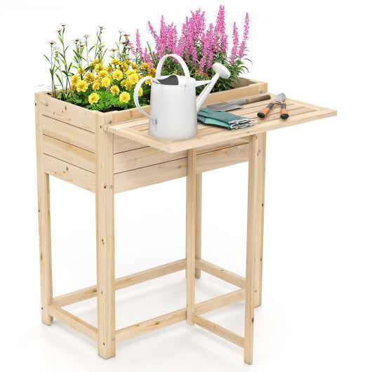 Wooden Raised Garden Bed with Legs and Foldable Side Table