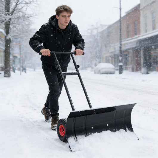 29 Inch Snow Pusher Heavy Duty Metal Shovel with Wheels and Adjustable Handle-Black