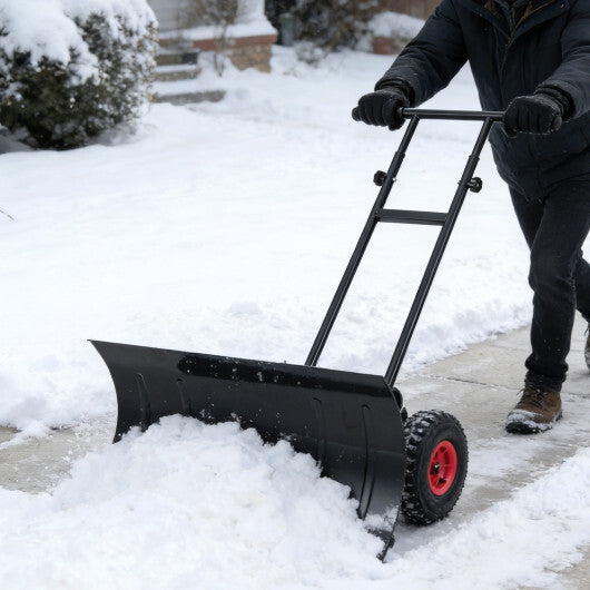 29 Inch Snow Pusher Heavy Duty Metal Shovel with Wheels and Adjustable Handle-Black