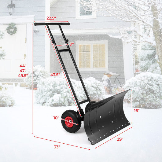 29 Inch Snow Pusher Heavy Duty Metal Shovel with Wheels and Adjustable Handle-Black