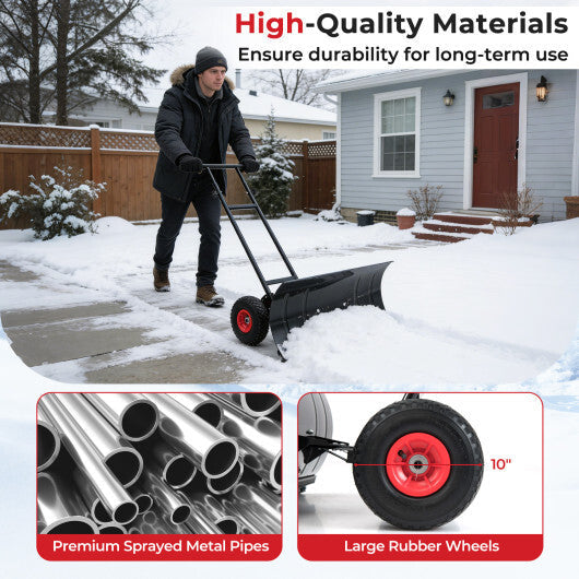 29 Inch Snow Pusher Heavy Duty Metal Shovel with Wheels and Adjustable Handle-Black