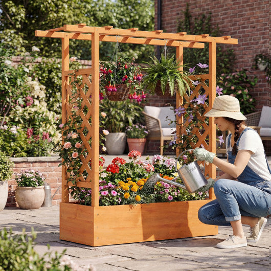 45 inch Tall Wooden Raised Garden Bed with Side Trellis and Hanging Roof-Orange