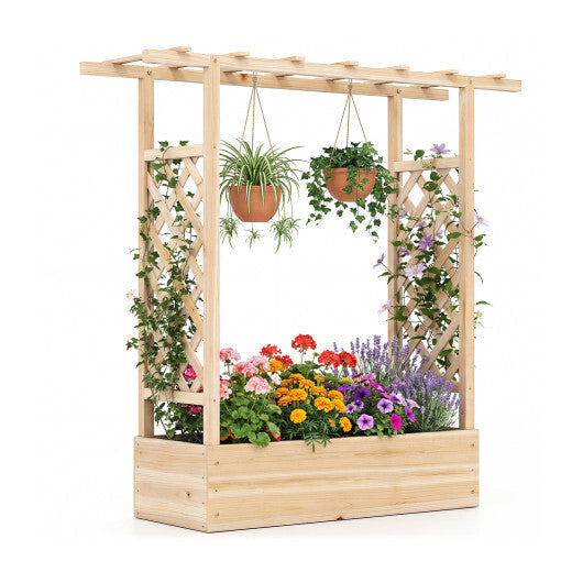 45 inch Tall Wooden Raised Garden Bed with Side Trellis and Hanging Roof-Orange