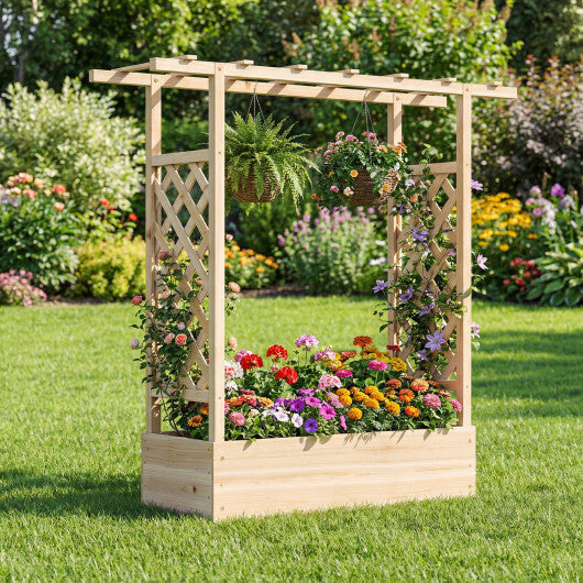 45 inch Tall Wooden Raised Garden Bed with Side Trellis and Hanging Roof-Orange