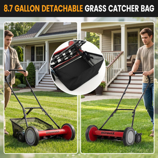 18 Inch Push Reel Lawn Mower 4-Position Adjustable with Removable Grass Catcher-Green
