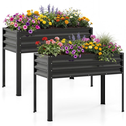 Raised Garden Bed Set of 2 Electro-Coating Metal Large Elevated Planter Box-Black - Color: Black