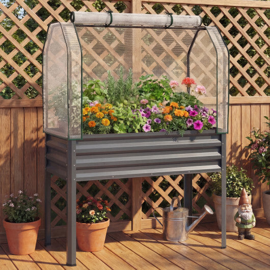 Galvanized Raised Garden Bed with Legs and Greenhouse Cover for Vegetable Flower-Gray