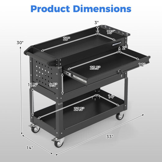 3 Tier Rolling Tool Cart with Lockable Drawer for Garage and Workshop-Black
