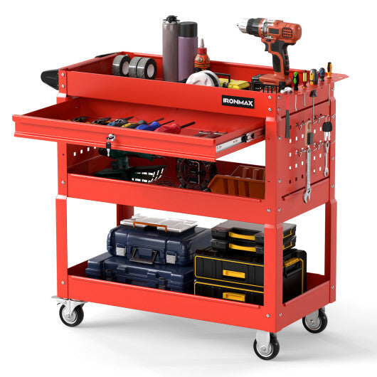 3 Tier Rolling Tool Cart with Lockable Drawer for Garage and Workshop-Black