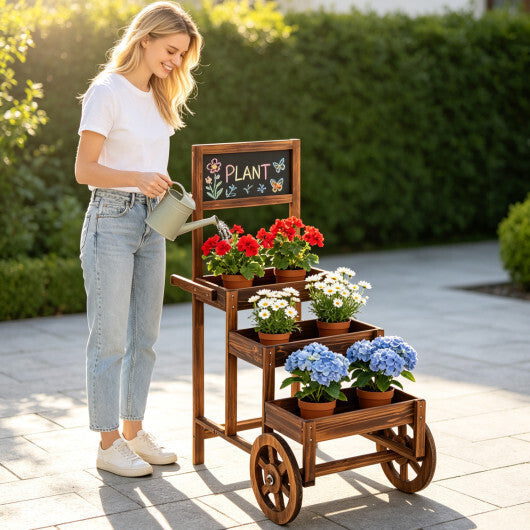 3-Tier Carbonized Fir Wood Plant Display Stand Wooden Dessert Candy Cart-Brown