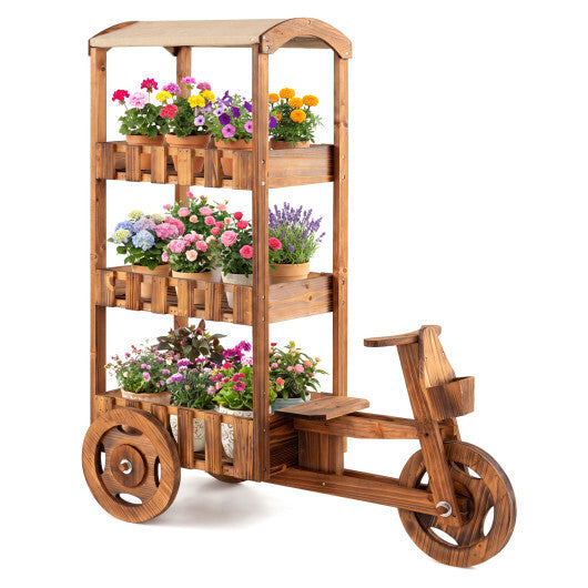 3-Tier Fir Wood Plant Stand with Fabric Canopy and 3 Wheels-Brown