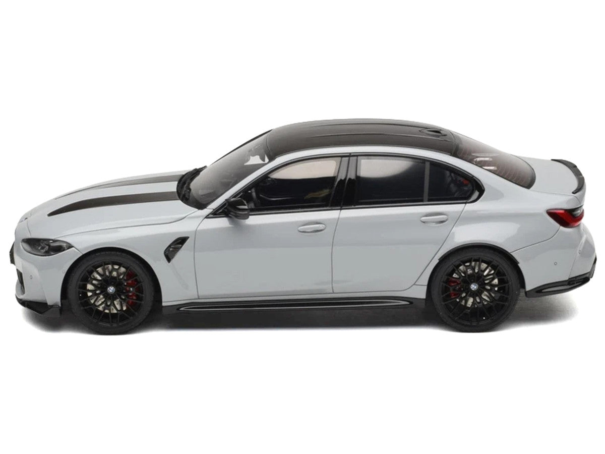 2024 BMW M3 CS M Brooklyn Gray Metallic with Black Top and Hood Stripes 1/18 Model Car by GT Spirit