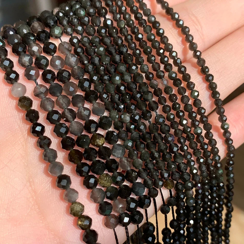 Natural Black Obsidian Stone 2/3/4mm Faceted Loose Round Mineral Beads for Jewelry Making DIY Christmas Gift Bracelets 15inch
