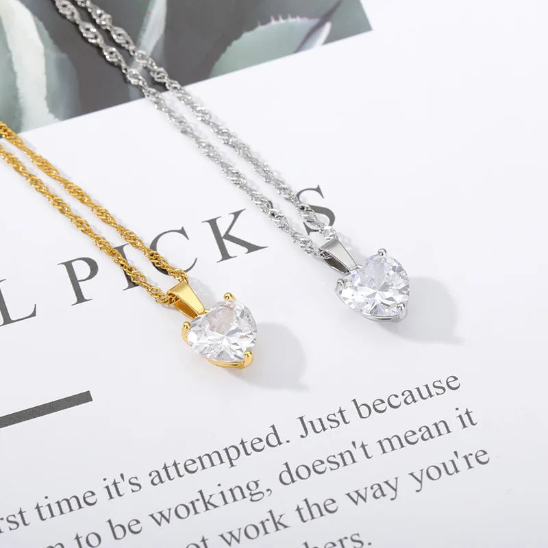 Heart Necklaces For Women Stainless Steel Gold Plated Chain Zircon Heart Pendant Choker Necklace Wedding Boho Jewelry Gift Femme
