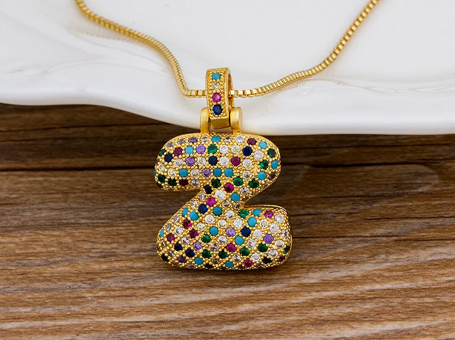 Nidin Fashion Luxury 26 Letters Copper Zircon Pendant Necklace for Women Rainbow Initials Name Necklace Wedding Party Jewelry