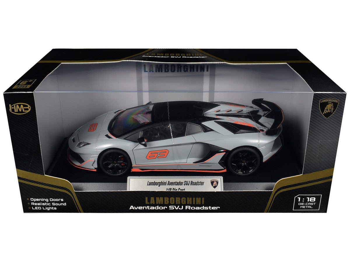 Lamborghini Aventador SVJ Roadster Matt Gray with Carbon Top and Orange Accents 1/18 Diecast Model Car by Heimanba