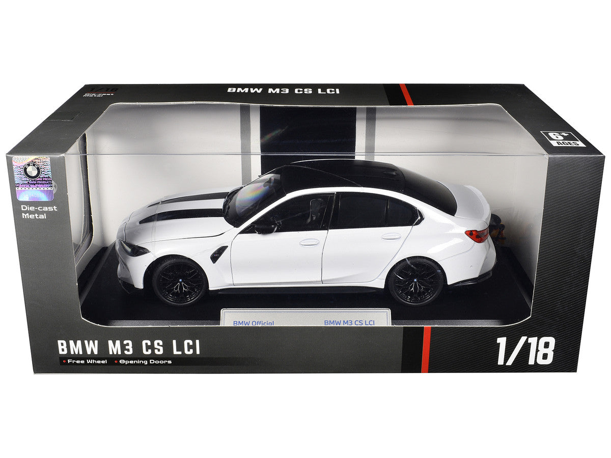 BMW M3 CS LCI White Metallic with Matt Black Top and Hood Stripes 1/18 Diecast Model Car by Heimanba