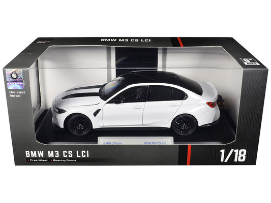 BMW M3 CS LCI White Metallic with Matt Black Top and Hood Stripes 1/18 Diecast Model Car by Heimanba