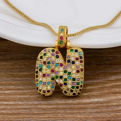 Nidin Fashion Luxury 26 Letters Copper Zircon Pendant Necklace for Women Rainbow Initials Name Necklace Wedding Party Jewelry