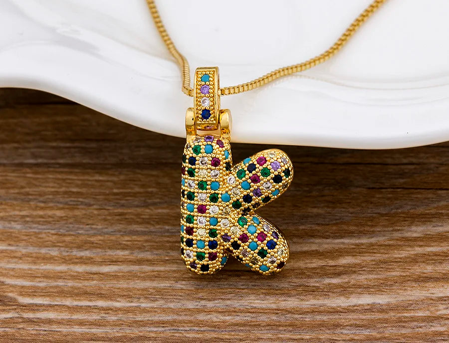 Nidin Fashion Luxury 26 Letters Copper Zircon Pendant Necklace for Women Rainbow Initials Name Necklace Wedding Party Jewelry