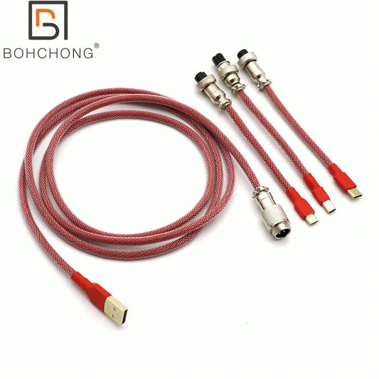 Custom Make 3 Ports/set PET Double Sleeved USB to TYPE C Micro Mini 5P Cable for Mechanical Keyboard With GX16 Aviator