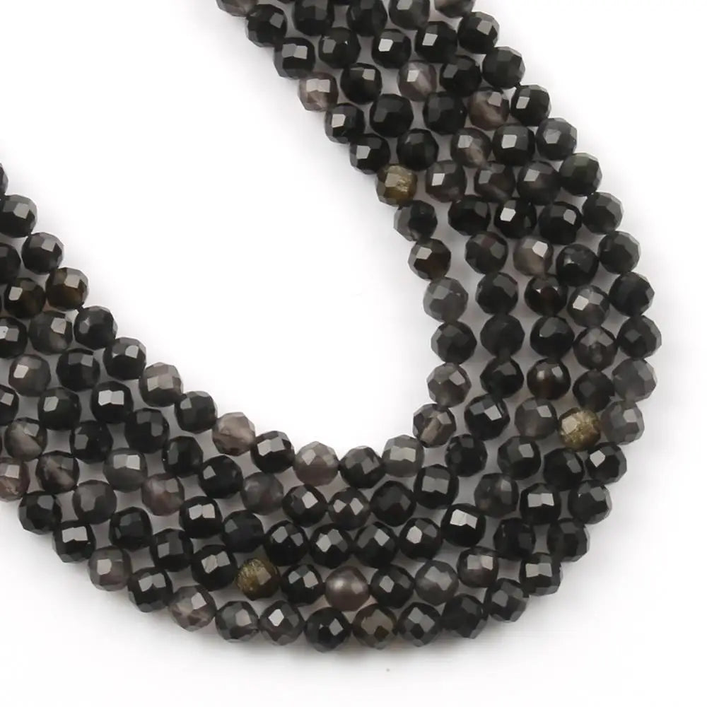 Natural Black Obsidian Stone 2/3/4mm Faceted Loose Round Mineral Beads for Jewelry Making DIY Christmas Gift Bracelets 15inch