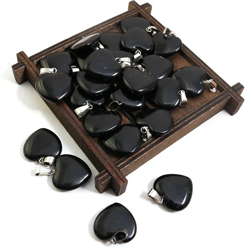 Natural Black Obsidian Stone Heart Beads Healing Pendant Women Charms 20mm Wholesale For Jewelry Making Earring Accessories