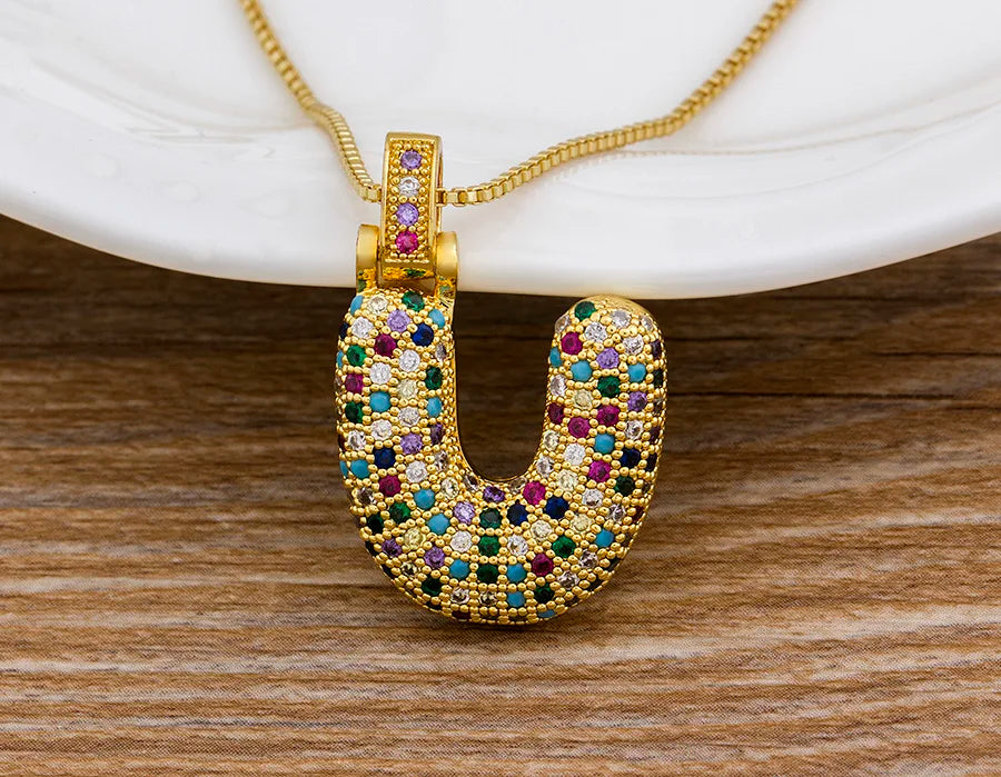 Nidin Fashion Luxury 26 Letters Copper Zircon Pendant Necklace for Women Rainbow Initials Name Necklace Wedding Party Jewelry