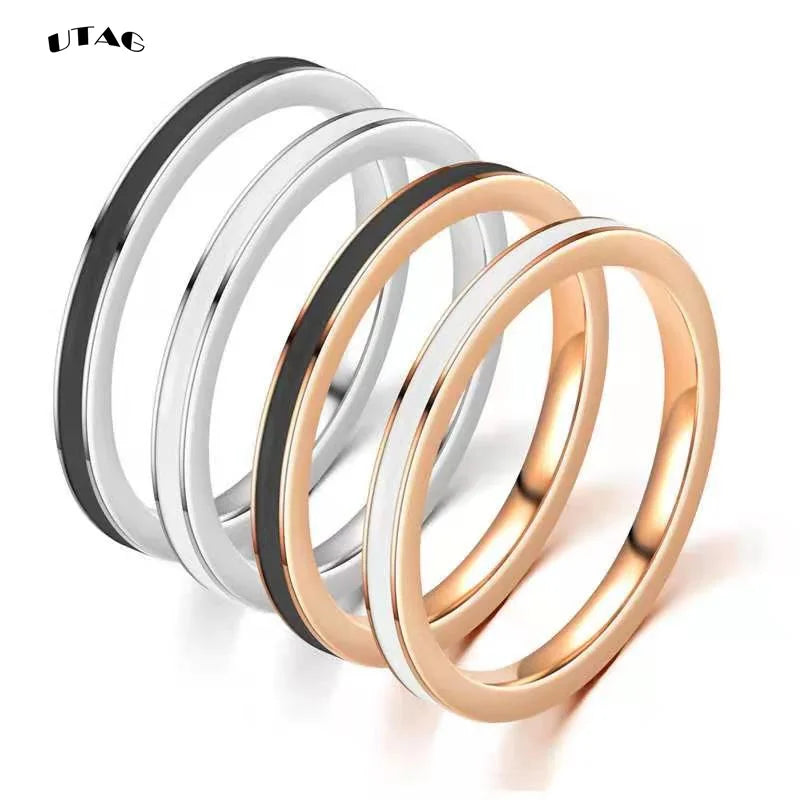 UTAG  Fashion Black/White Ceramic Crystal Wedding Rings Jewelry For Women Girls Rose Gold Stainless Steel Bohemia Rin