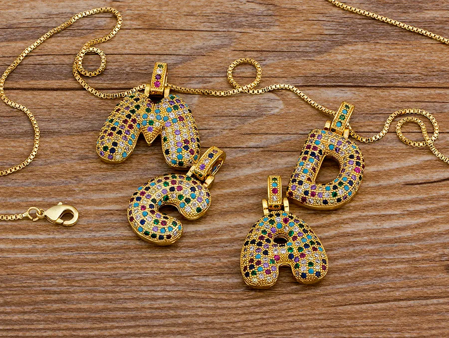 Nidin Fashion Luxury 26 Letters Copper Zircon Pendant Necklace for Women Rainbow Initials Name Necklace Wedding Party Jewelry